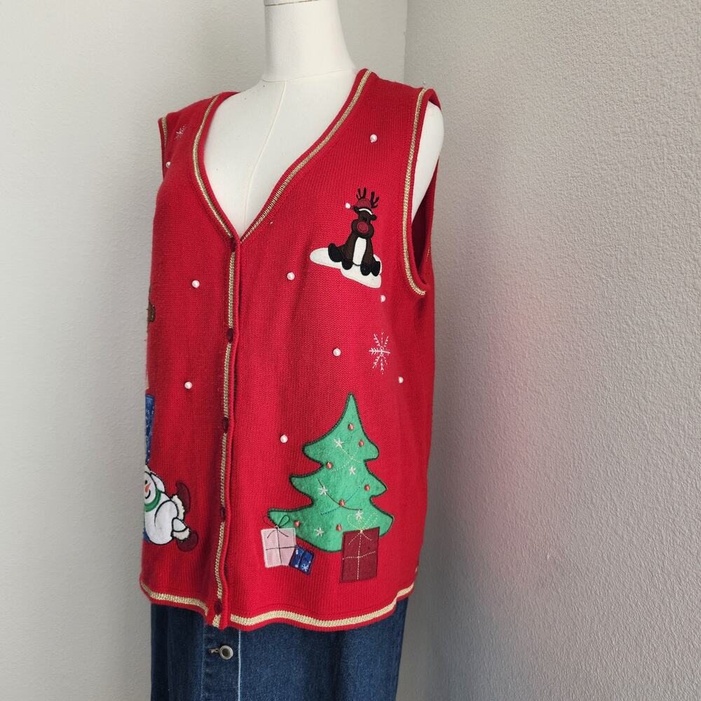 Vintage Y2K White Stag Red Knit Ugly Christmas Sweater Vest Holiday Theme L - Picture 2 of 7